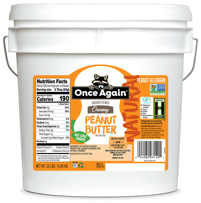 Creamy Natural Peanut Butter Bucket - Salt Free - 35 lbs