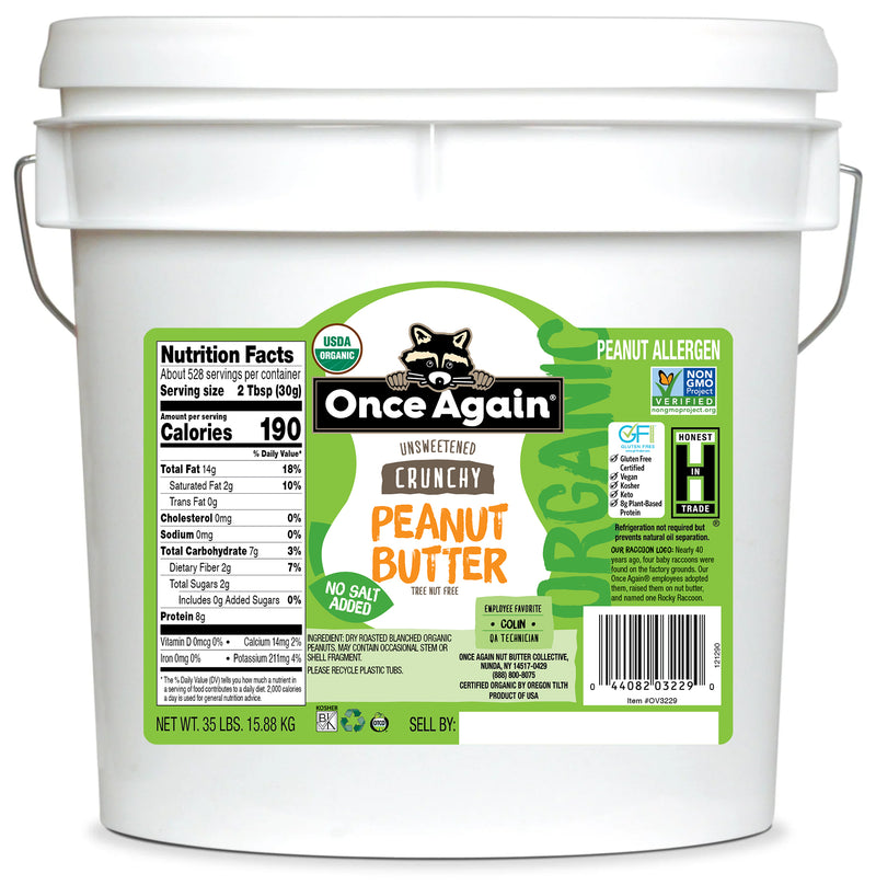 Crunchy Organic Peanut Butter Bucket - Salt Free - 35 lbs